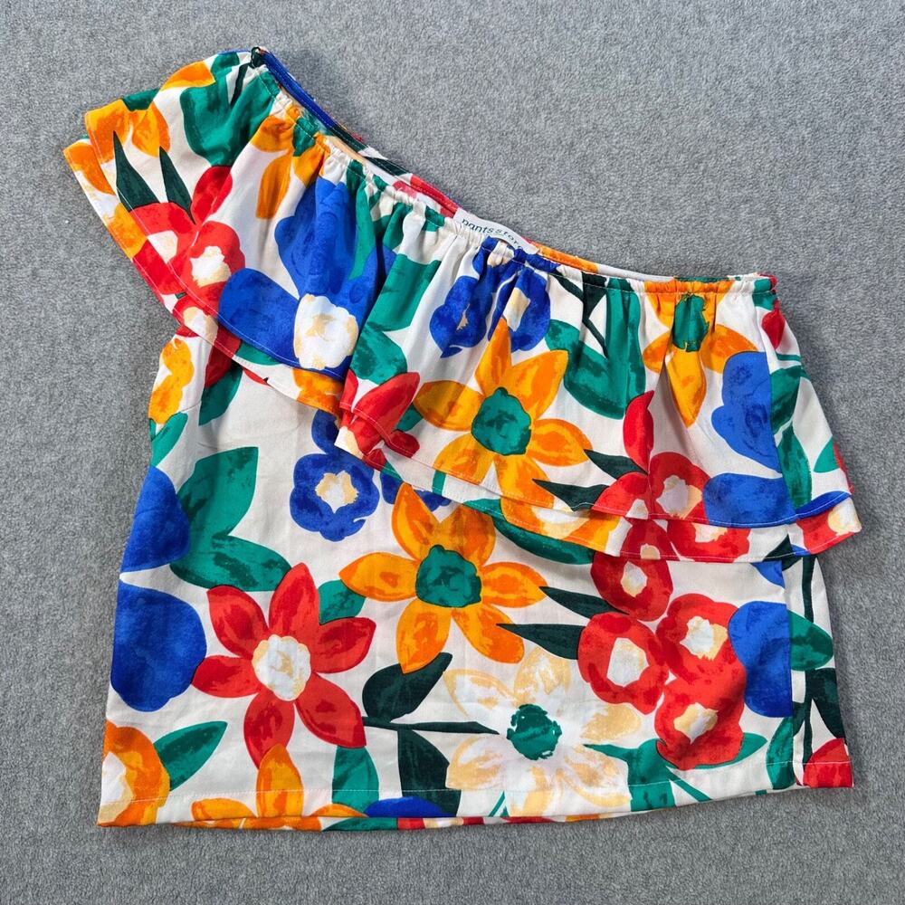 Pants Store One Shoulder Floral Ruffle Blouse Women's Medium Cropped Blue Red